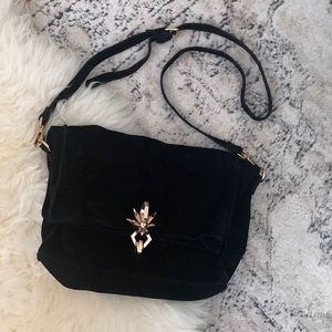 Real Suede Leather Evening Bag Clutch with Crossbody Strap, Black Gold- Zara